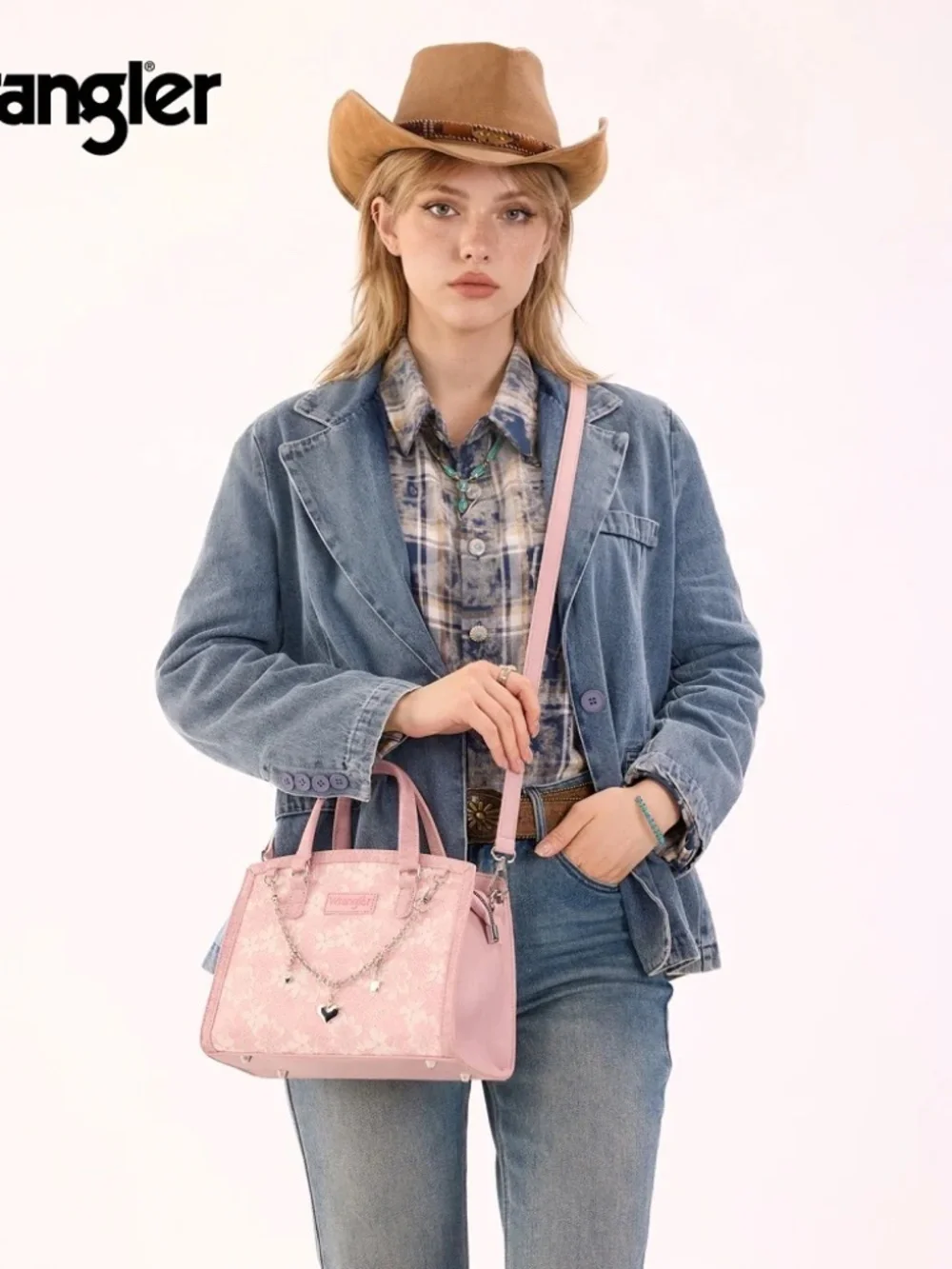 Wrangler Western Chic Lace with Chain Charm Satchel/Crossbody Bag Pink
